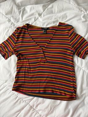 Forever 21 Multicolor Striped V-Neck Ribbed Crop Top
